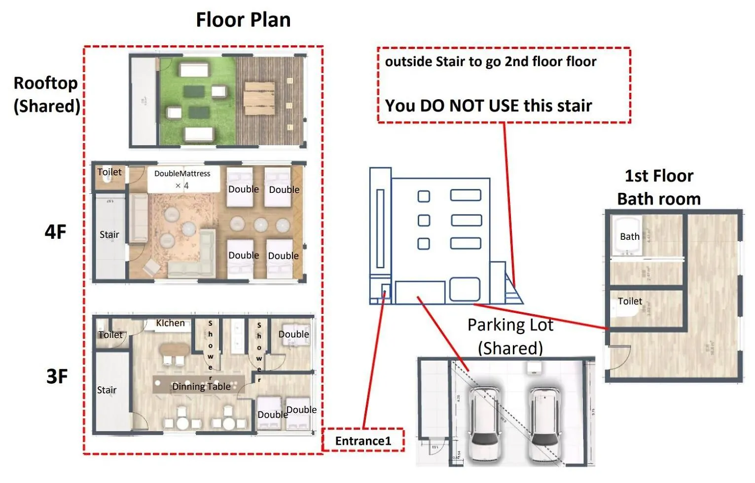 Apartment Meee Asakusa3F4F 浅草徒歩3分 140平米max22名 無料駐車場 屋上絶景 渋谷直通 Tokyo Japan